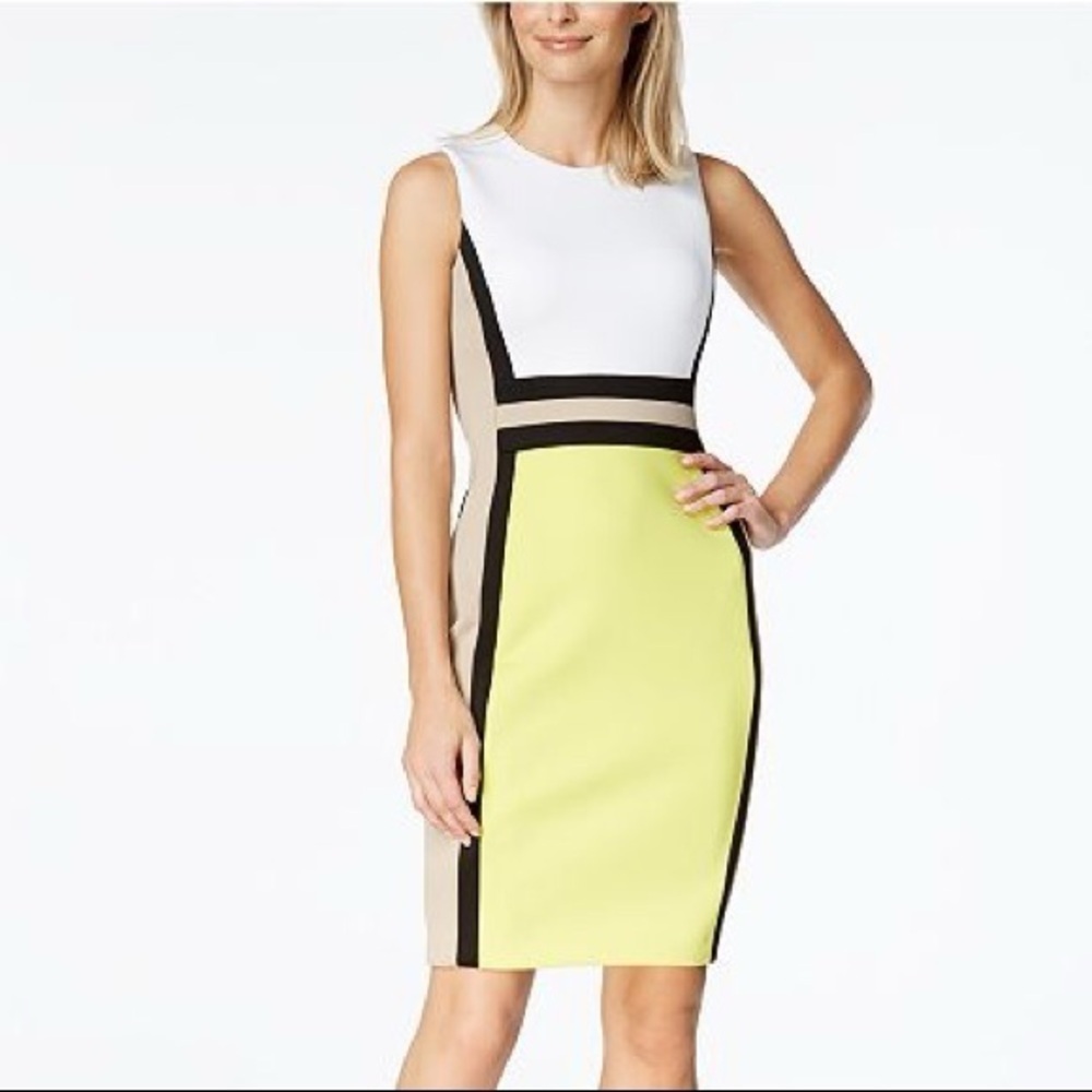 CALVIN KLEIN Scuba Colorblock Sleeveless Sheath Dress Tan Baby Blue Black Size 8 - Picture 11 of 11